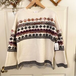 Time and Tru Women's Sweater - Cream with Multicolor Pattern